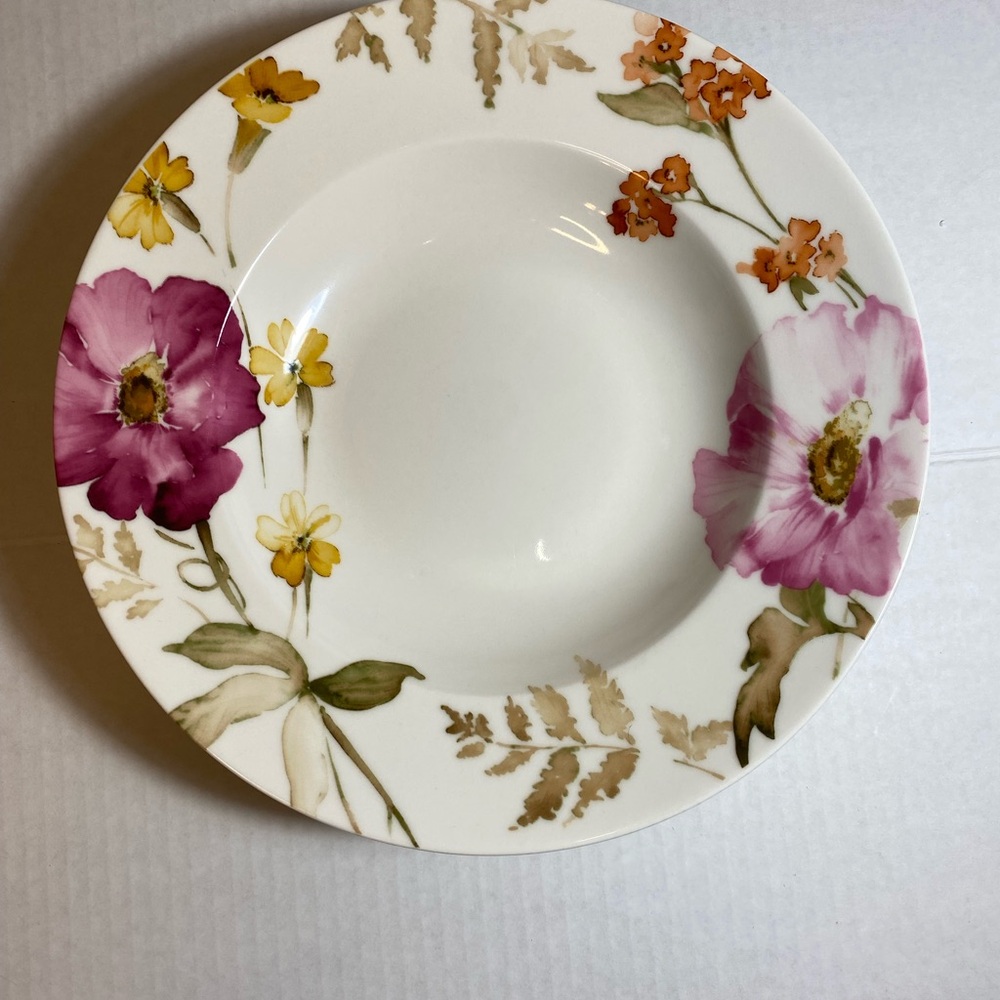 222 Fifth Gaia Porcelaine Fine China Soup Bowls with Plum & Orange Accents set 3